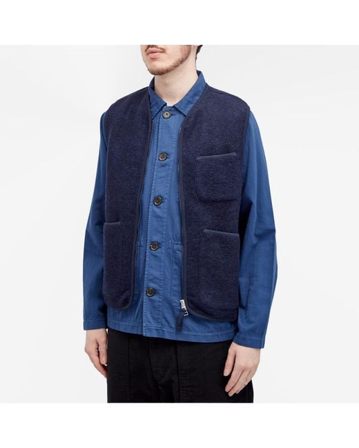 Universal Works Blue Wool Fleece Zip Gilet for men