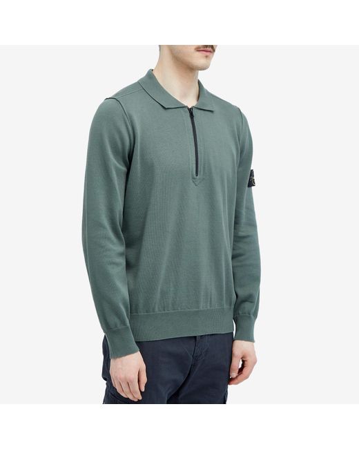 Stone Island Green Soft Cotton Long Sleeve Knitted Polo Shirt for men