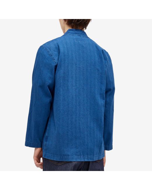 Universal Works Blue Herringbone Denim Tie Front Jacket for men