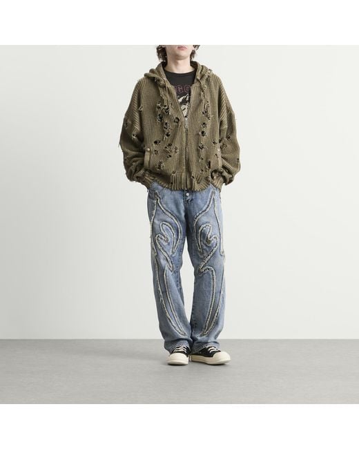THUG CLUB Green Distressed Knitted Hoodie for men