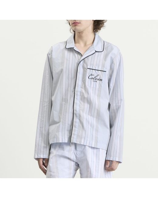 Calvin Klein Blue Poplin Script Button Down Pyjama Top for men