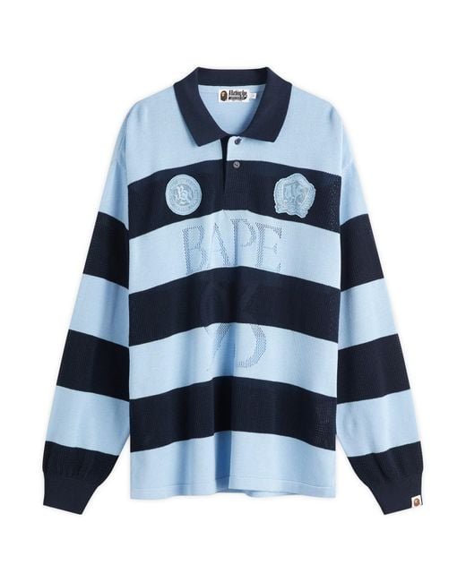 A Bathing Ape Blue Jacquard Multi Logo Stripe Relaxed Fit Ls Tee for men