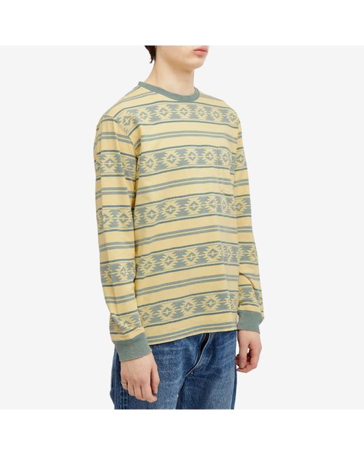 Beams Plus Yellow Long Sleeve Jacquard Stripe Pocket T-Shirt for men