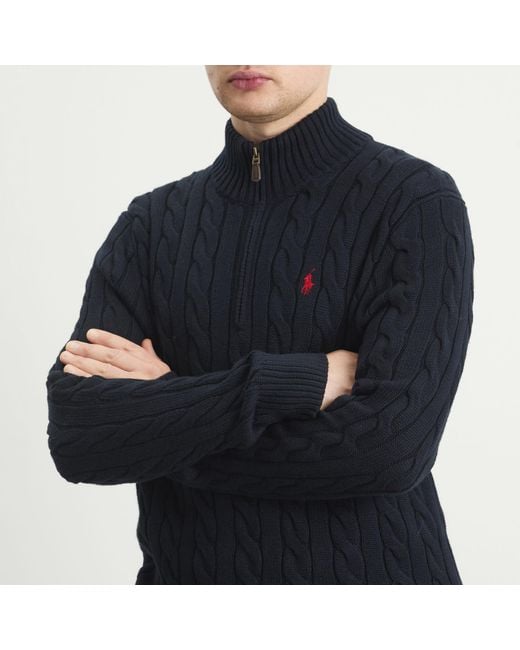 Polo Ralph Lauren Blue Cable Knit Half Zip Jumper for men