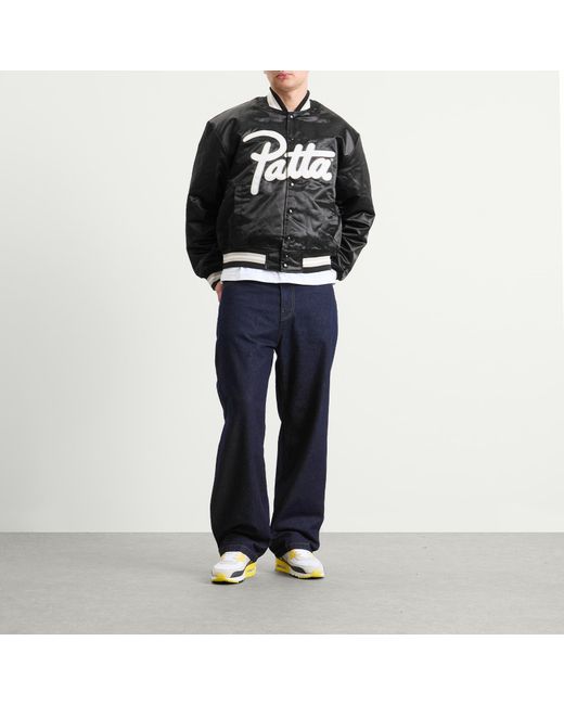 PATTA Black Script Logo Satin Varsity Jacket for men