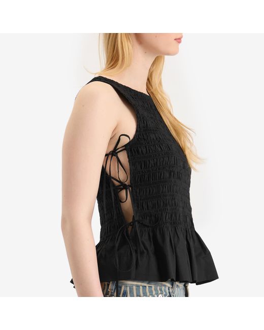Ganni Black Cotton Poplin Smock Tie String Top