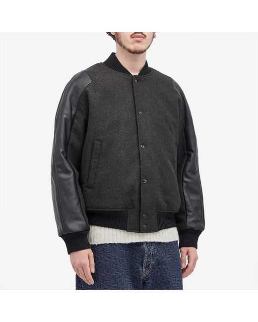 Acne Black Wool Varsity Jacket with Leather Sleeves for men
