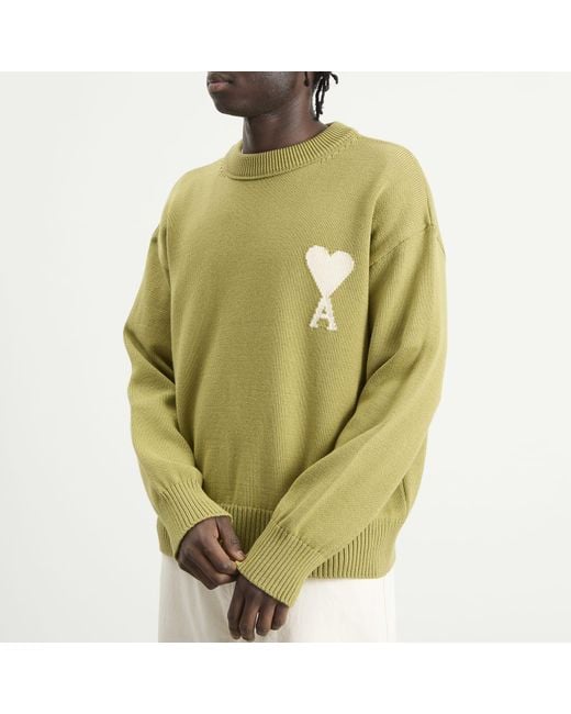AMI Green Crewneck Sweater With Contrasted Ami De Coeur for men
