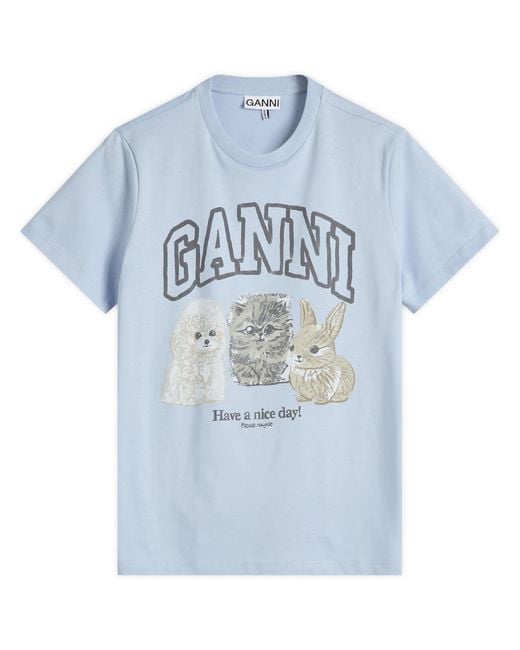Ganni Blue Basic Cotton Jersey Animals Relaxed T-Shirt