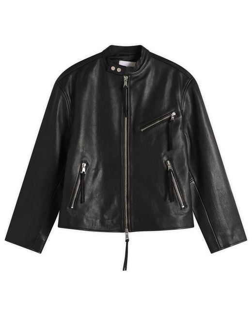 MKI Miyuki-Zoku Black Cropped Leather Racer Jacket for men