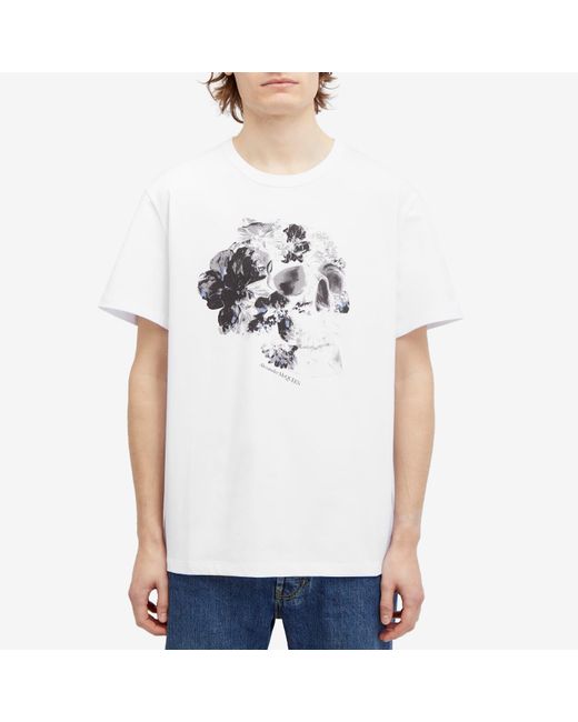 Alexander McQueen White Dutch Flower Skull T-Shirt for men