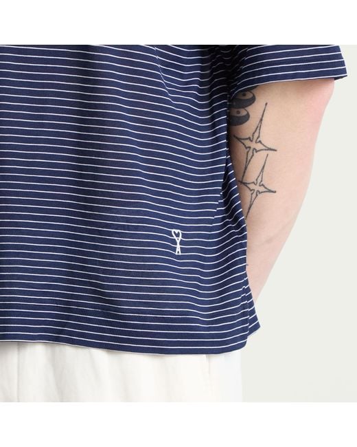 AMI Blue Striped Boxy Fit Polo With Ami De Coeur Patch for men