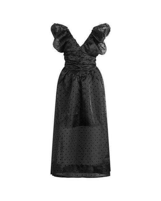 Ganni Black Flocked Organza Long Ruched Dress