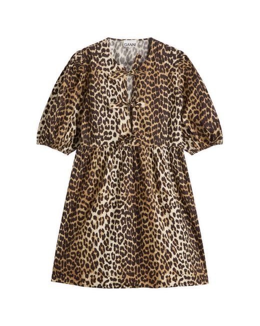 Ganni Brown Printed Cotton Tie String Mini Dress