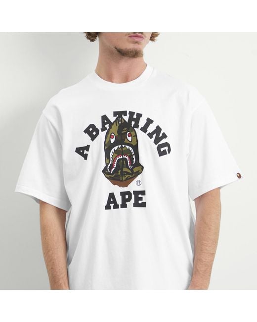 A Bathing Ape White 1St Camo Shark Seijin College T-Shirt for men