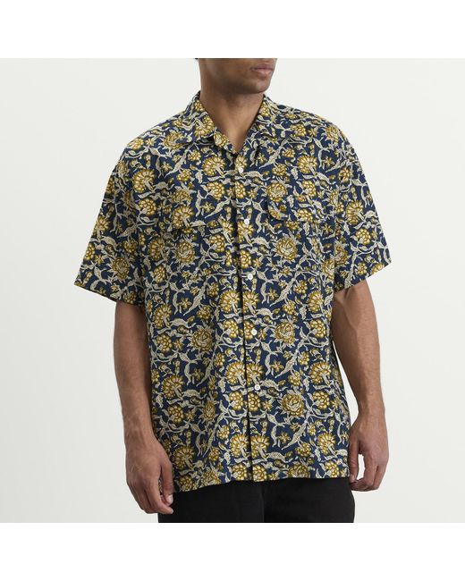 Beams Plus Gray Block Print Open Collar Shirt for men