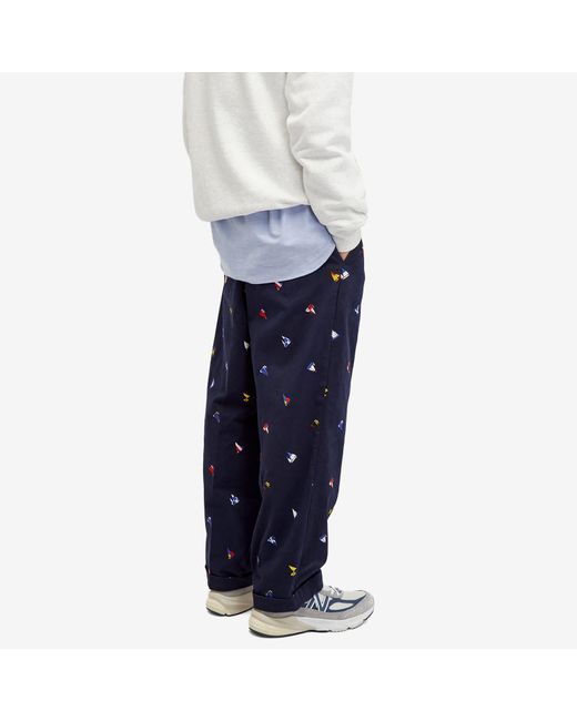 Beams Plus Blue 2 Pleat Embroidered Trousers for men