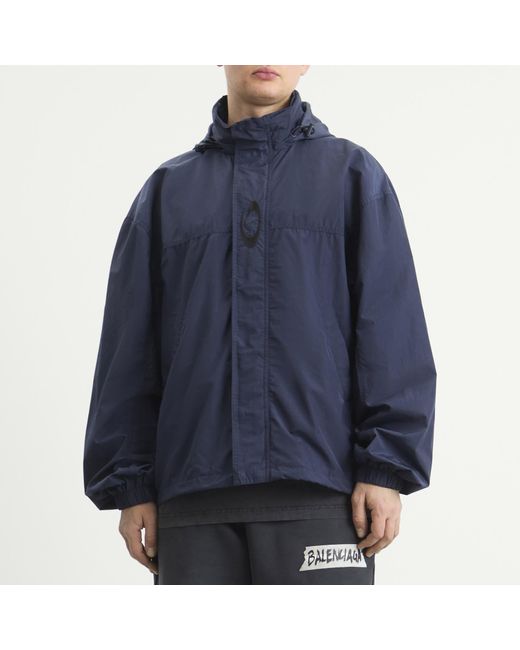 Balenciaga Blue Techno Cotton Hooded Rain Jacket for men