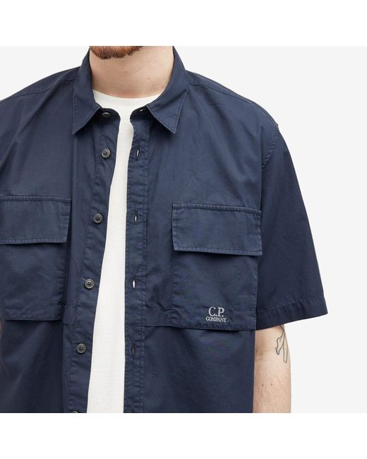 C P Company Blue Cotton Ripstop Short Sleeve Shirt for men