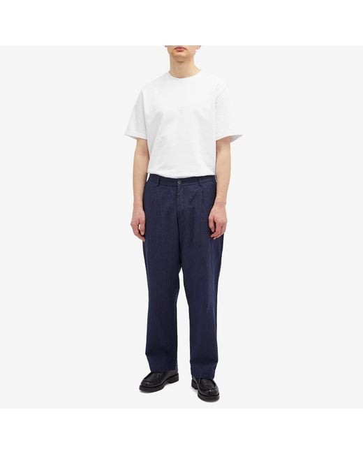 Universal Works Blue Pinstripe Pleated Duke Pants for men