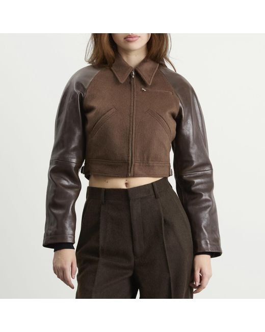 Auralee Brown Flannel Crop Zip Jacket