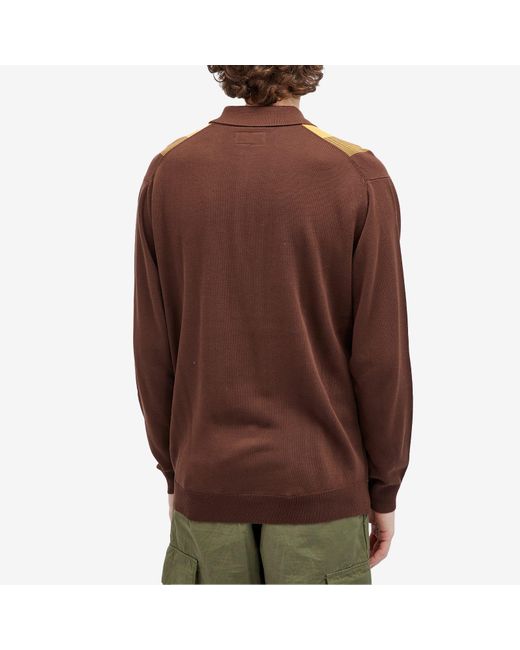 Beams Plus Brown 12G Stripe Knit Long Sleeve Polo Shirt for men