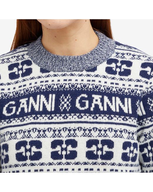 Ganni Blue Logo Wool Mix O-Neck Pullover