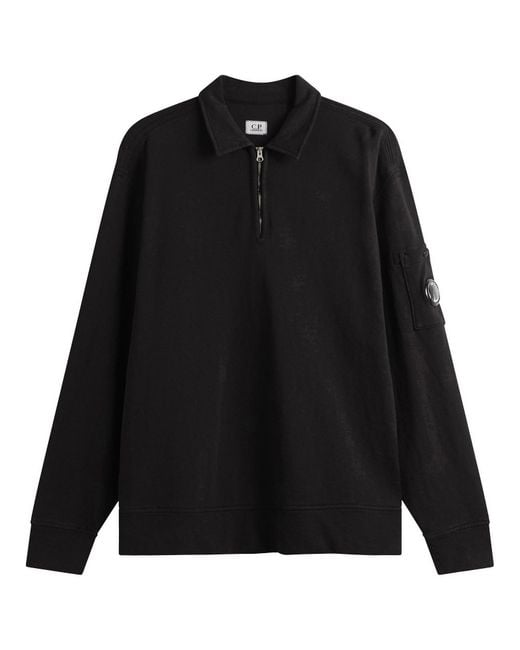 C P Company Black Malfile Fleece Quarter Zip Collared Sweatshirt for men