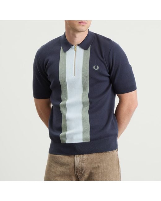 Fred Perry Blue Textured Stripe Knitted Zip Polo Shirt for men