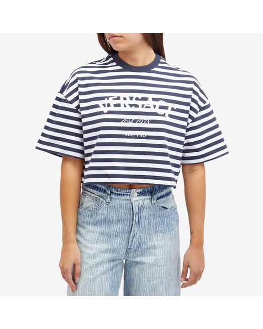 Versace Blue Crop Stripe Logo T-Shirt