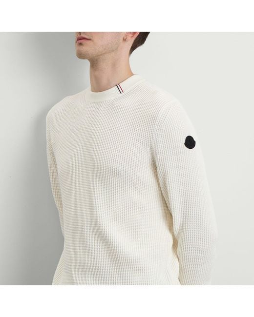 Moncler White Cotton Woven Crew Neck Jumper for men