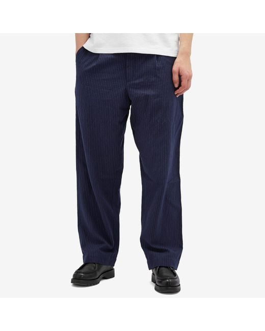 Universal Works Blue Pinstripe Pleated Duke Pants for men