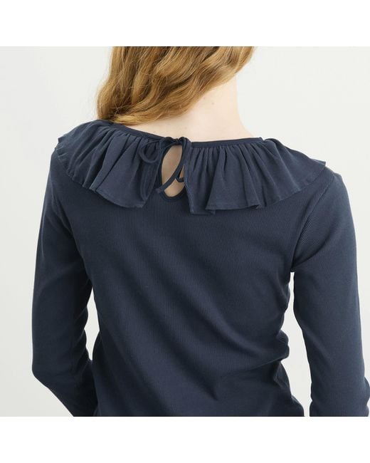 Beams Boy Blue Rib Knitted Ruffle Gathered Long Sleeve T-Shirt
