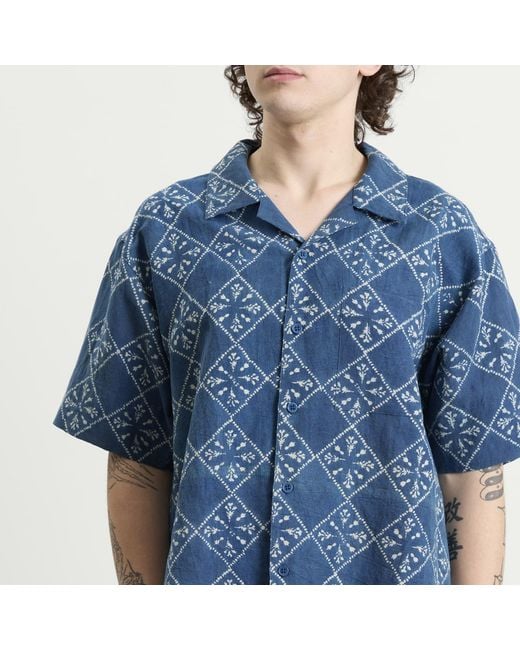 STORY mfg. Blue Hand Block Printed Greetings Shirt for men