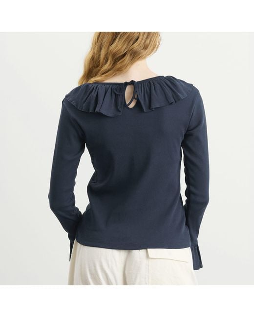 Beams Boy Blue Rib Knitted Ruffle Gathered Long Sleeve T-Shirt