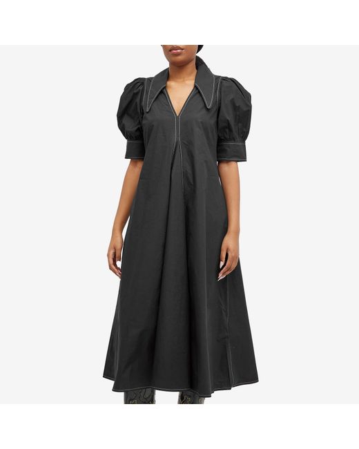 Ganni Black Cotton Poplin V-Neck Maxi Dress