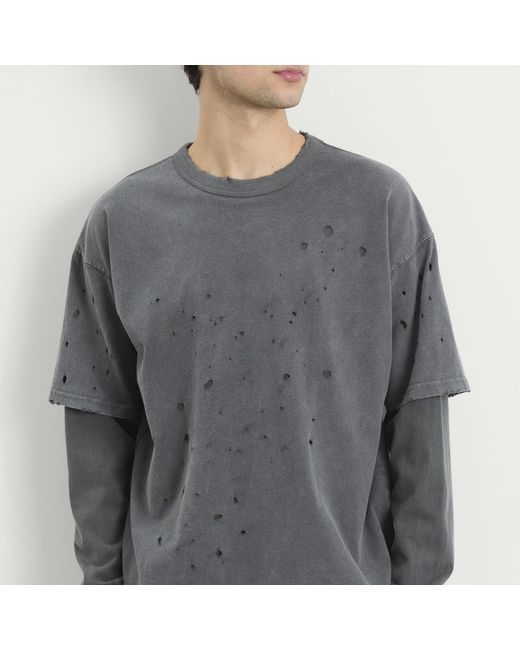 Beams Plus Gray Layered Damage Long Sleeve T-Shirt for men