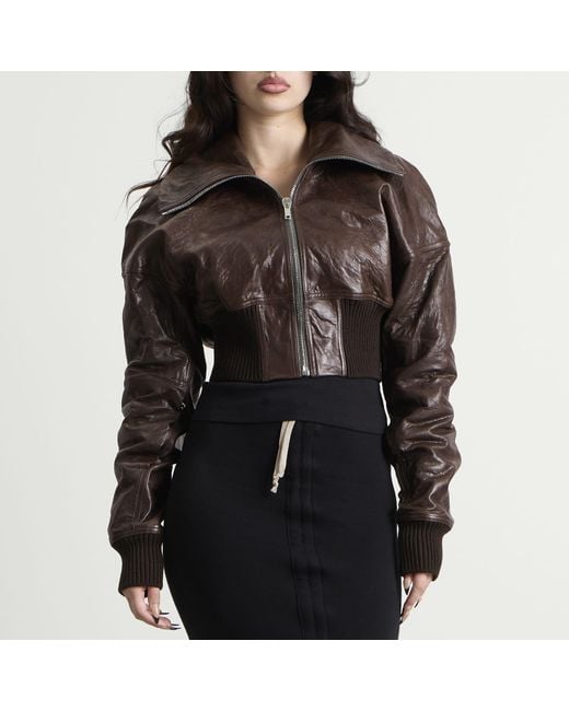 Rick Owens Black Cropped Leather Bomber Jacket