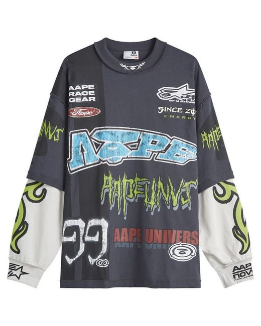 Aape By A Bathing Ape Blue Aape Aop Racing Long Sleeve T-Shirt for men