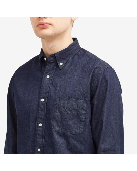 Beams Plus Blue Button Down Denim Shirt for men