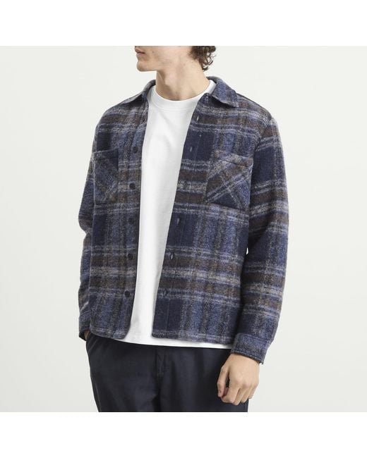 Wax London Blue Whiting Check Wool Blend Overshirt for men