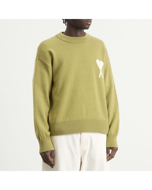 AMI Green Crewneck Sweater With Contrasted Ami De Coeur for men