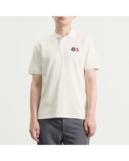 Moncler White Cotton Pique Logo Polo for men
