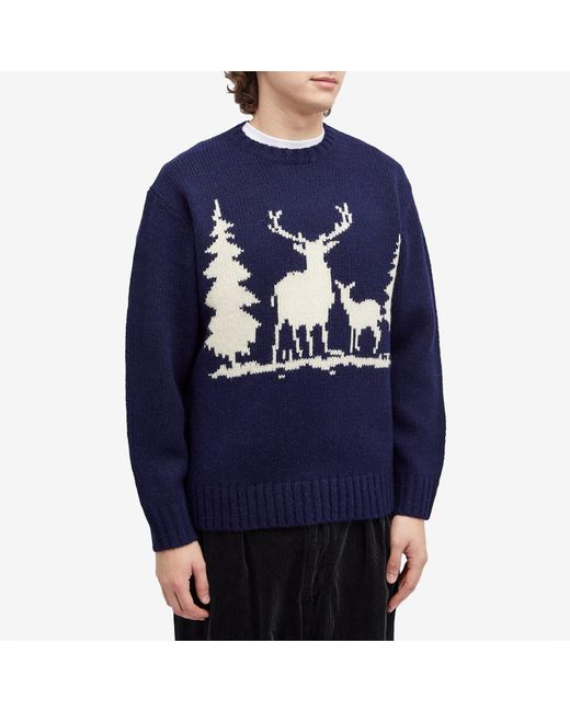 Beams Plus Blue Intarsia Stag Jumper for men