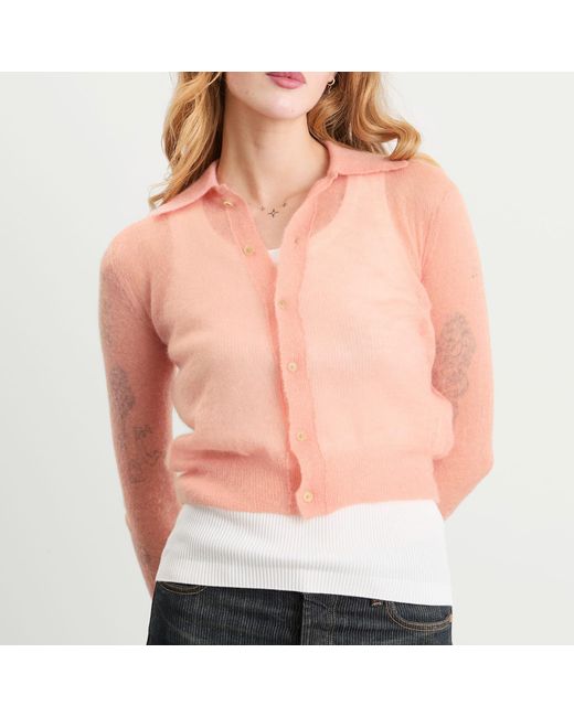Auralee Pink Kid Mohair Sheer Knit Shirt Cardigan