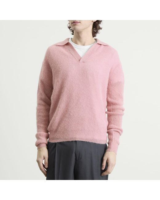 AURALEE Baby Suri Alpaca Sheer Knit Skipper Polo in Pink for Men