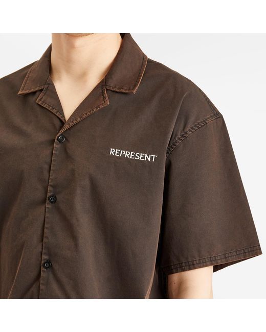 Represent Brown Script Camp Collar Shirt for men