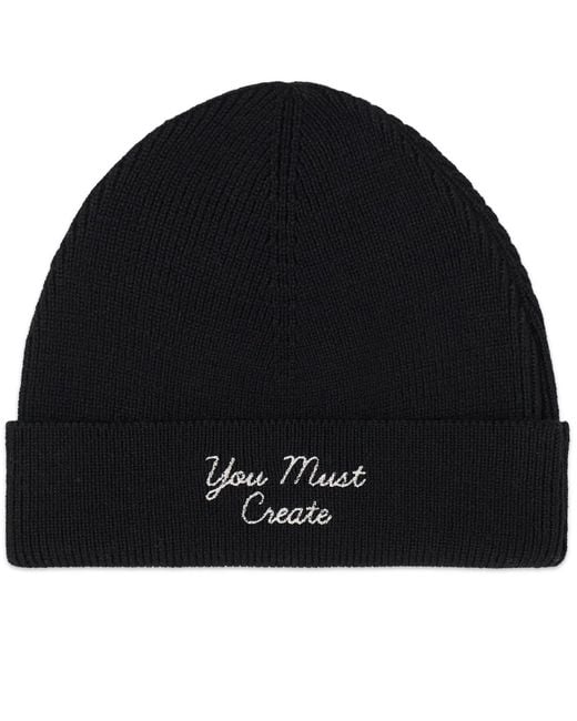 YMC Black Emrbroidered Beanie Hat for men