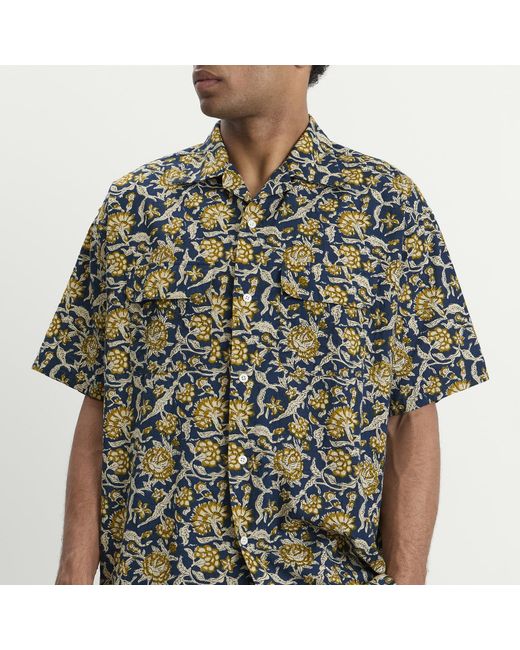 Beams Plus Gray Block Print Open Collar Shirt for men