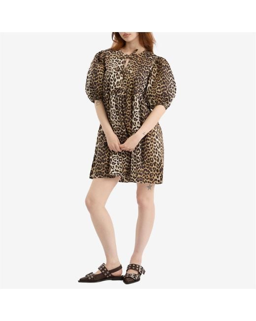 Ganni Brown Printed Cotton Tie String Mini Dress